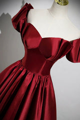 Prom Dress Sleeve, A-Line Burgundy Satin Floor Length Prom Dress, Off the Shoulder New Party Dress
