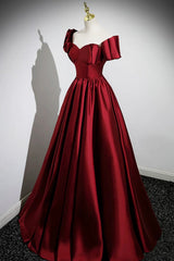 Prom Dresses Sleeves, A-Line Burgundy Satin Floor Length Prom Dress, Off the Shoulder New Party Dress