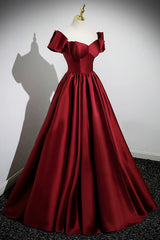 Prom Dresses Sleeve, A-Line Burgundy Satin Floor Length Prom Dress, Off the Shoulder New Party Dress