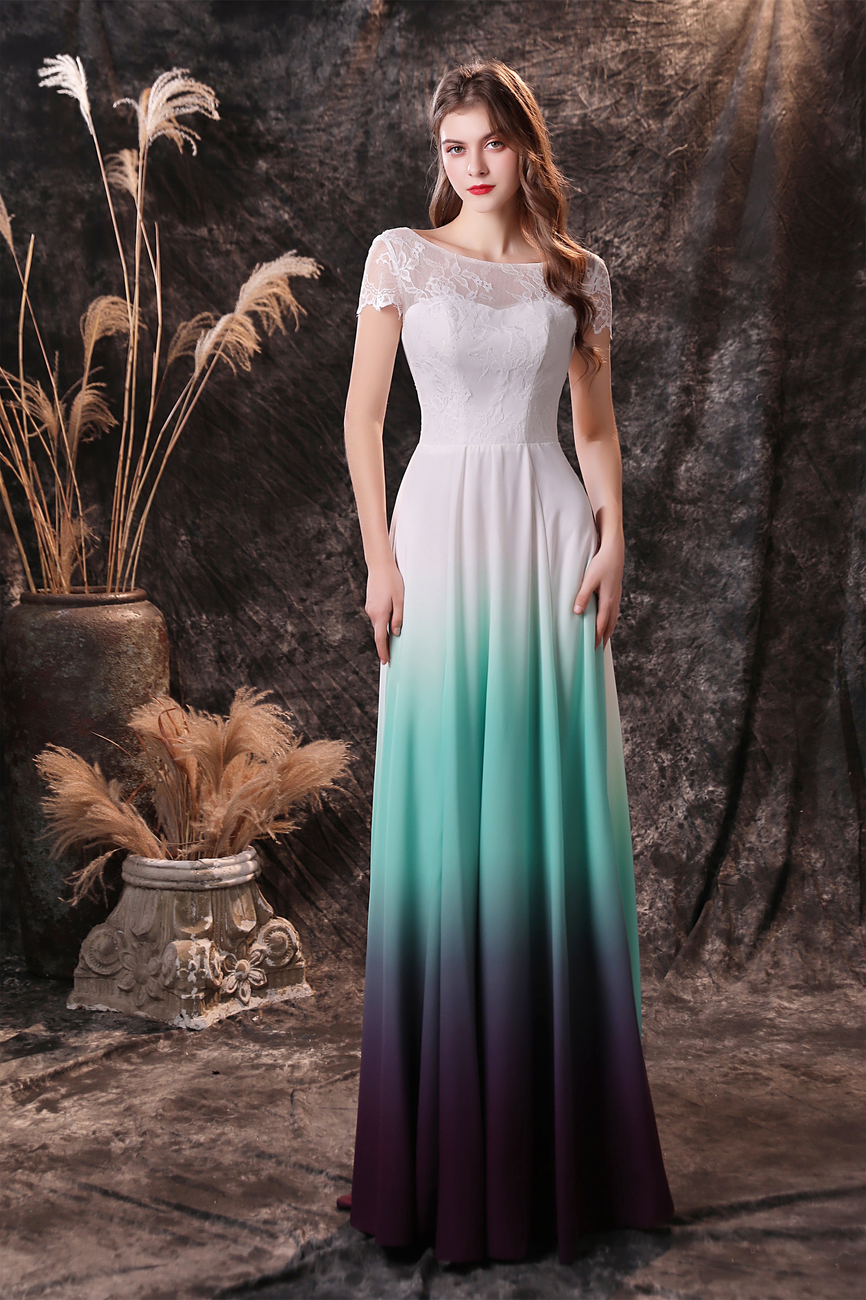 Bridesmaid Dresses Sleeveless, A Line Cap Sleeve Ombre Silk Floor Length Prom Dresses