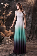 Bridesmaid Dress Uk, A Line Cap Sleeve Ombre Silk Floor Length Prom Dresses