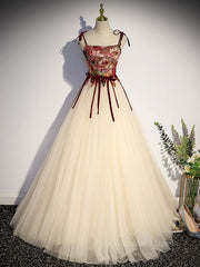 Prom Dress Long Beautiful, A line  champagne long prom dress, champagne tulle formal evening dress