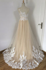 Wedding Dresses Shoes, A-line Champagne with White Lace Round Neckline Party Dress, Beautiufl Wedding Party Dresses