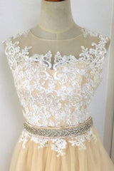 Wedding Dress For Big Bust, A-line Champagne with White Lace Round Neckline Party Dress, Beautiufl Wedding Party Dresses