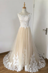 Wedding Dresses For Big Bust, A-line Champagne with White Lace Round Neckline Party Dress, Beautiufl Wedding Party Dresses