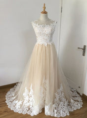 Wedding Dress Shoes, A-line Champagne with White Lace Round Neckline Party Dress, Beautiufl Wedding Party Dresses