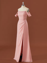 Formal Dress Attire, A-line Chiffon Cold Shoulder Pleated Floor-Length Bridesmaid Dress