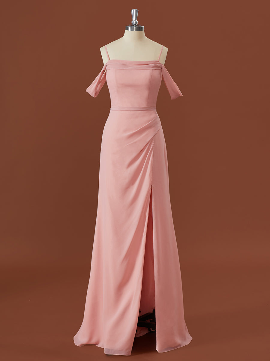 Formal Dress Outfit Ideas, A-line Chiffon Cold Shoulder Pleated Floor-Length Bridesmaid Dress