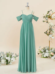 Short Formal Dress, A-line Chiffon Cold Shoulder Pleated Floor-Length Bridesmaid Dress