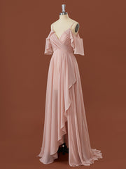 Prom Outfit, A-line Chiffon Cold Shoulder Pleated Floor-Length Bridesmaid Dress