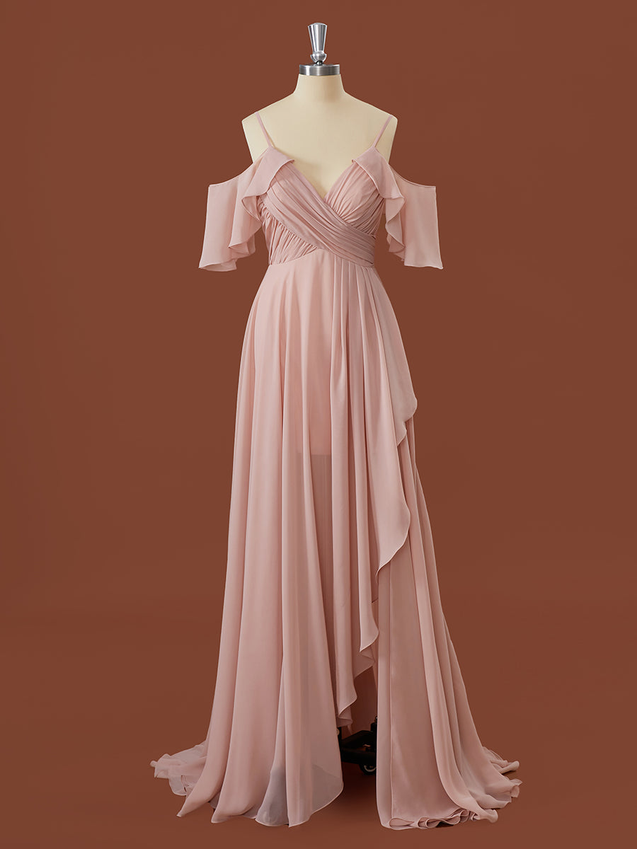 Aesthetic Dress, A-line Chiffon Cold Shoulder Pleated Floor-Length Bridesmaid Dress