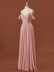 Classy Dress Outfit, A-line Chiffon Cold Shoulder Pleated Floor-Length Bridesmaid Dress