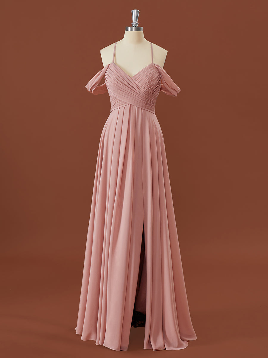 Party Dress For Couple, A-line Chiffon Cold Shoulder Pleated Floor-Length Bridesmaid Dress