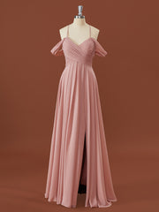 Party Dress For Couple, A-line Chiffon Cold Shoulder Pleated Floor-Length Bridesmaid Dress