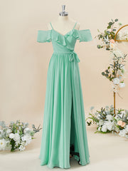 Winter Dress, A-line Chiffon Cold Shoulder Ruffles Floor-Length Bridesmaid Dress