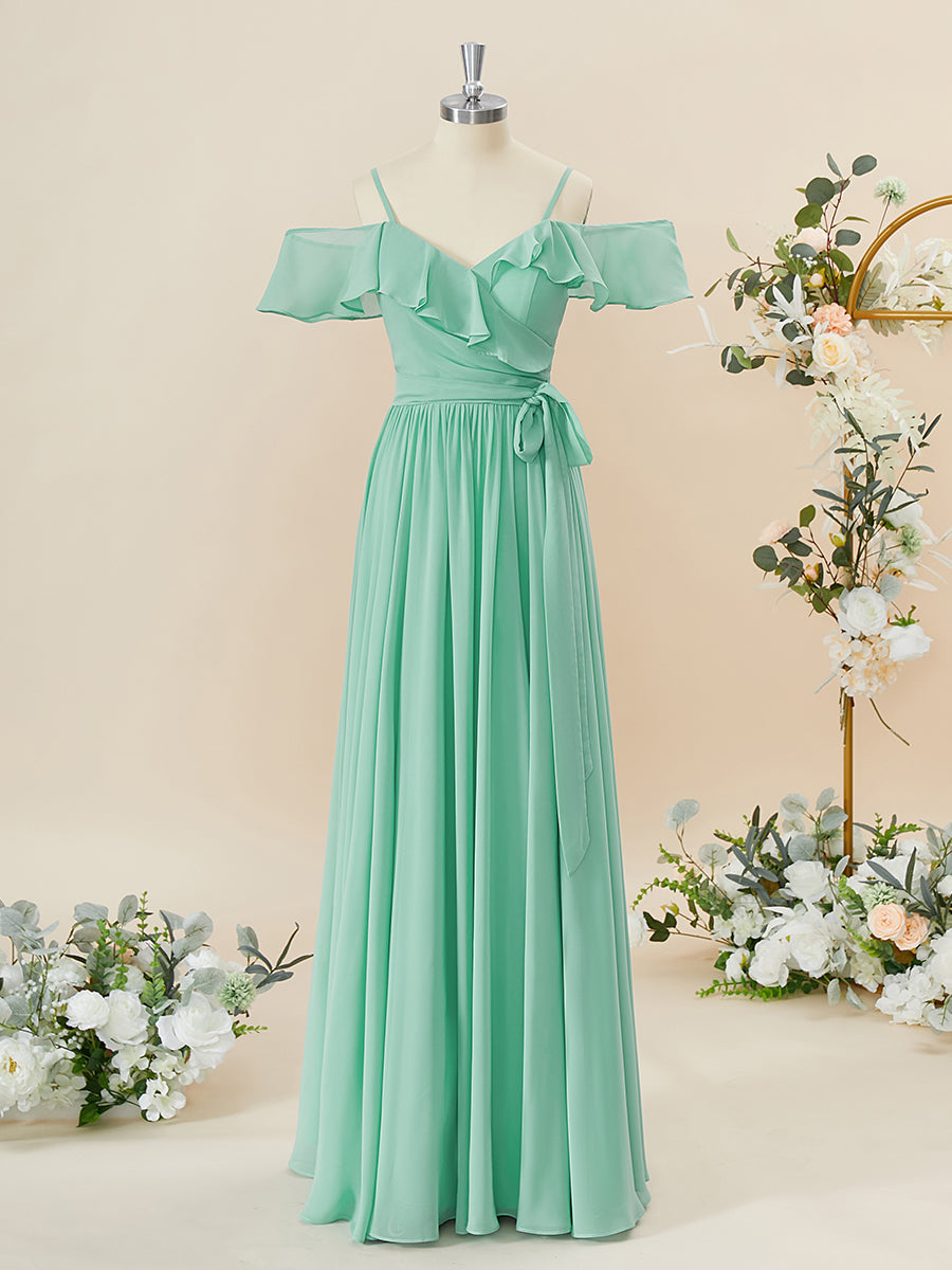 Party Dress Modest, A-line Chiffon Cold Shoulder Ruffles Floor-Length Bridesmaid Dress