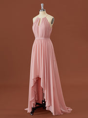 Formal Dress For Girls, A-line Chiffon Halter Pleated Asymmetrical Bridesmaid Dress