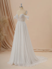 Wedding Dress Casual, A-line Chiffon Off-the-Shoulder Appliques Lace Court Train Wedding Dress