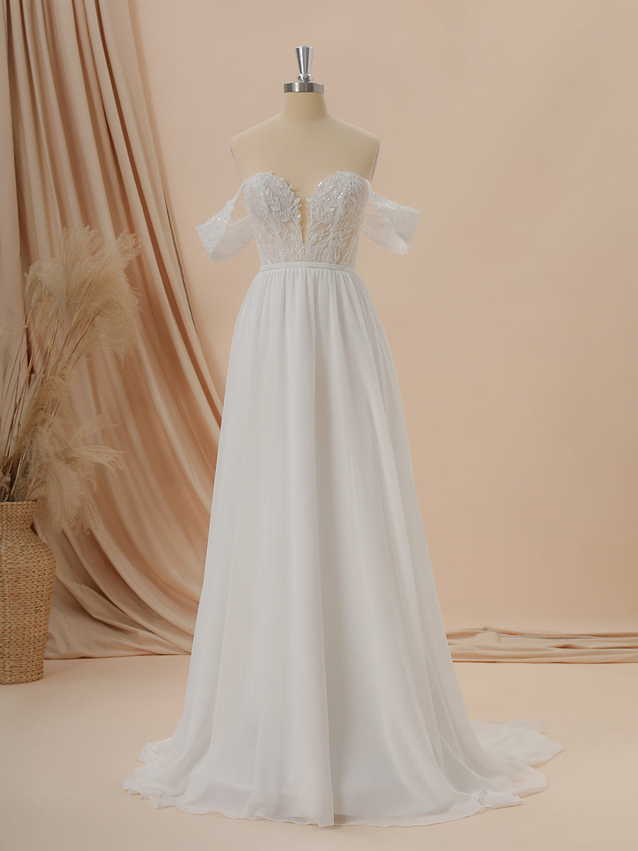 Wedding Dresses Winter, A-line Chiffon Off-the-Shoulder Appliques Lace Court Train Wedding Dress