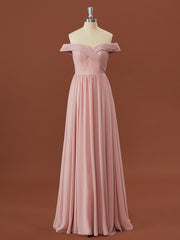 Formal Dress Party Wear, A-line Chiffon Off-the-Shoulder Appliques Lace Floor-Length Bridesmaid Dress