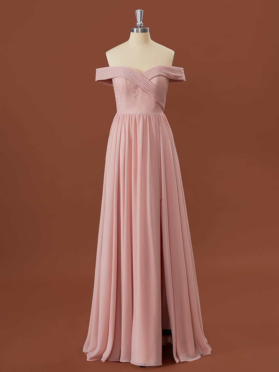 Formal Dresses Ballgown, A-line Chiffon Off-the-Shoulder Appliques Lace Floor-Length Bridesmaid Dress