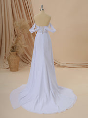 Wedding Dresses Classic Elegant, A-line Chiffon Off-the-Shoulder Pleated Court Train Corset Wedding Dress