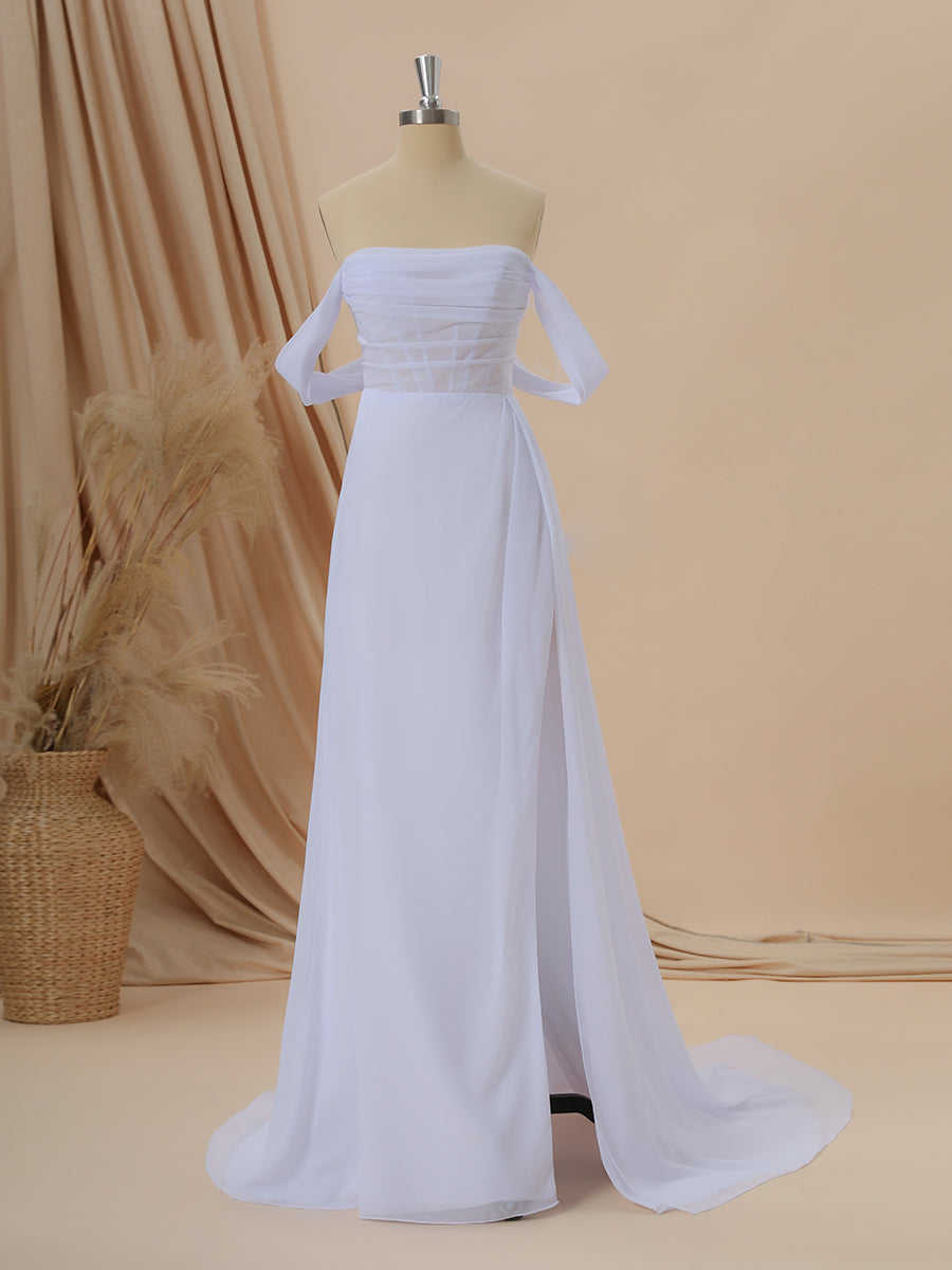 Wedding Dress Classic Elegant, A-line Chiffon Off-the-Shoulder Pleated Court Train Corset Wedding Dress