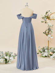 Evening Dresses Velvet, A-line Chiffon Off-the-Shoulder Pleated Floor-Length Bridesmaid Dress
