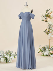 Engagement Dress, A-line Chiffon Off-the-Shoulder Pleated Floor-Length Bridesmaid Dress