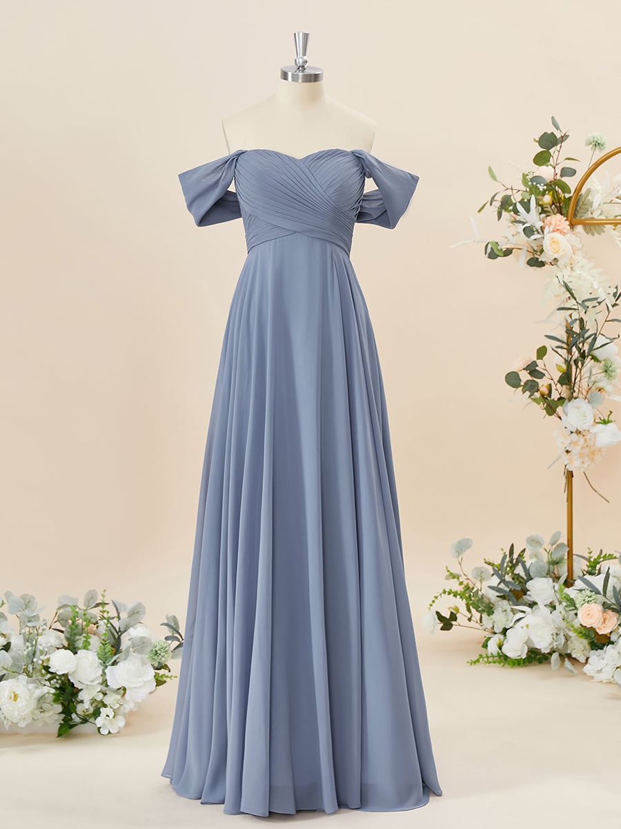 Evening Dresses, A-line Chiffon Off-the-Shoulder Pleated Floor-Length Bridesmaid Dress