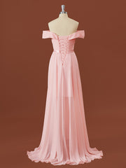 Formal Dresses With Sleeve, A-line Chiffon Off-the-Shoulder Pleated Sweep Train Bridesmaid Dress