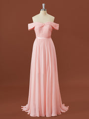 Formal Dress With Sleeves, A-line Chiffon Off-the-Shoulder Pleated Sweep Train Bridesmaid Dress
