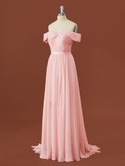 Formal Dress Wear For Ladies, A-line Chiffon Off-the-Shoulder Pleated Sweep Train Bridesmaid Dress