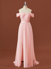 Formal Dress With Sleeve, A-line Chiffon Off-the-Shoulder Pleated Sweep Train Bridesmaid Dress