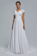 Wedding Dresses Trending, A-Line Chiffon V-Neck Applique Floor-Length Wedding Dresses
