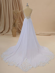 Wedding Dress With Lace, A-line Chiffon V-neck Appliques Lace Cathedral Train Wedding Dress