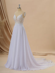 Wedding Dress With Lacing, A-line Chiffon V-neck Appliques Lace Cathedral Train Wedding Dress