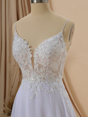 Wedding Dresses With Lace, A-line Chiffon V-neck Appliques Lace Cathedral Train Wedding Dress