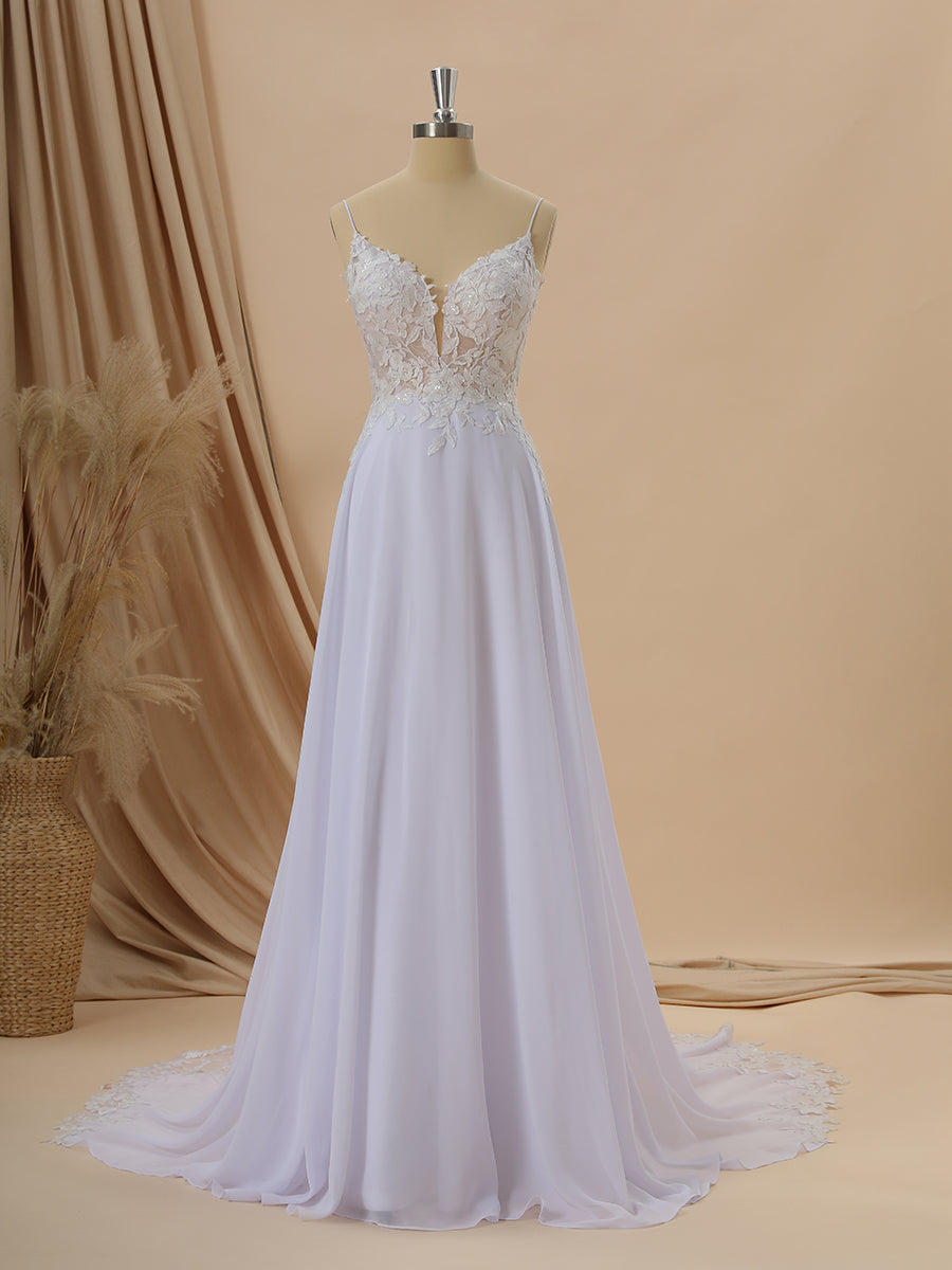 Wedding Dresses 2023 Trends, A-line Chiffon V-neck Appliques Lace Cathedral Train Wedding Dress