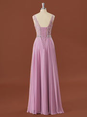 Party Dress Beige, A-line Chiffon V-neck Appliques Lace Floor-Length Bridesmaid Dress