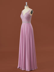 Spring Dress, A-line Chiffon V-neck Appliques Lace Floor-Length Bridesmaid Dress