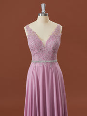 Simple Dress, A-line Chiffon V-neck Appliques Lace Floor-Length Bridesmaid Dress