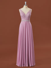 Party Dress Brown, A-line Chiffon V-neck Appliques Lace Floor-Length Bridesmaid Dress