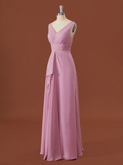 Formal Dresses Ideas, A-line Chiffon V-neck Pleated Floor-Length Bridesmaid Dress