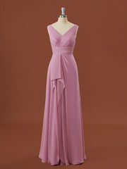 Formal Dresses Elegant, A-line Chiffon V-neck Pleated Floor-Length Bridesmaid Dress