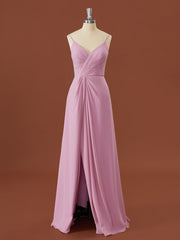 Royal Dress, A-line Chiffon V-neck Pleated Floor-Length Bridesmaid Dress