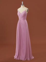 On Piece Dress, A-line Chiffon V-neck Pleated Floor-Length Bridesmaid Dress