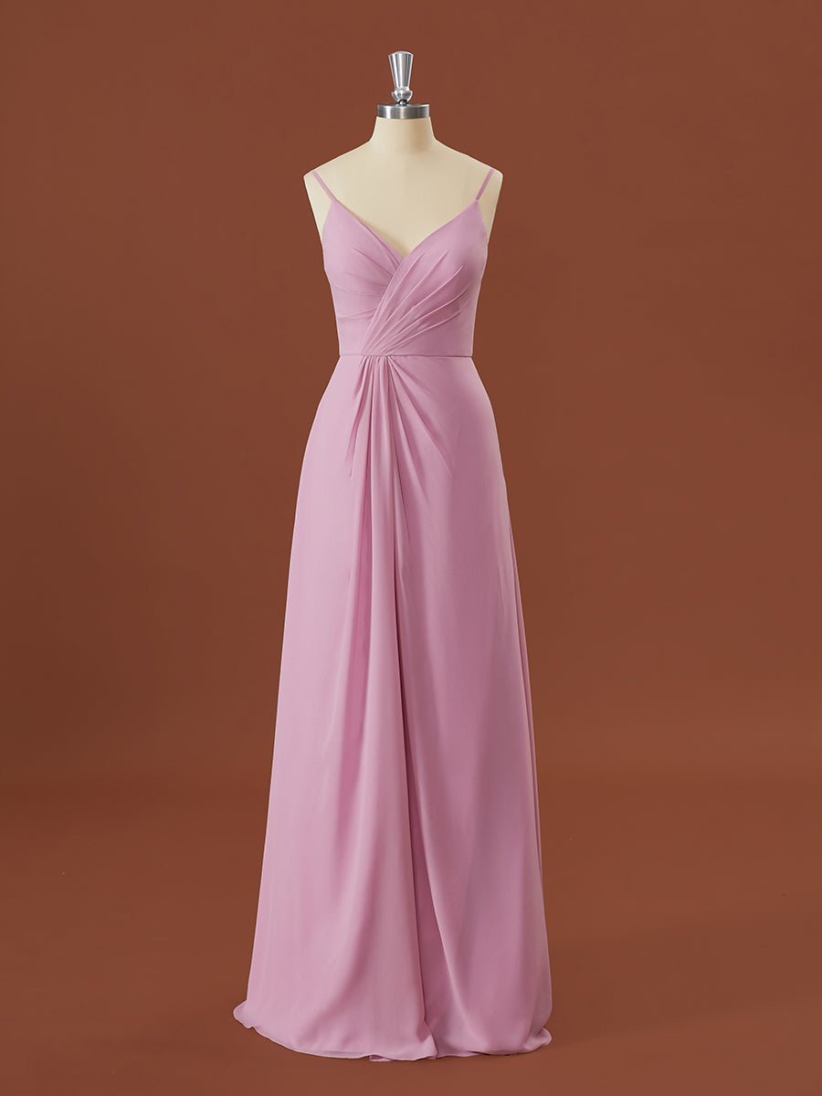 Prom Inspo, A-line Chiffon V-neck Pleated Floor-Length Bridesmaid Dress