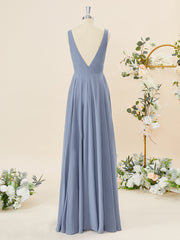 Prom Dress Blue, A-line Chiffon V-neck Pleated Floor-Length Bridesmaid Dress