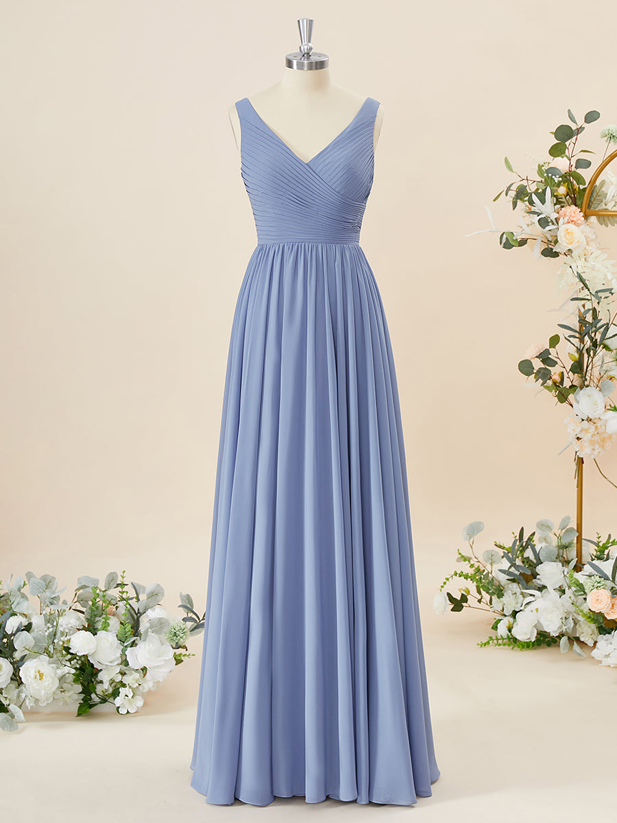 Night Club Outfit, A-line Chiffon V-neck Pleated Floor-Length Bridesmaid Dress